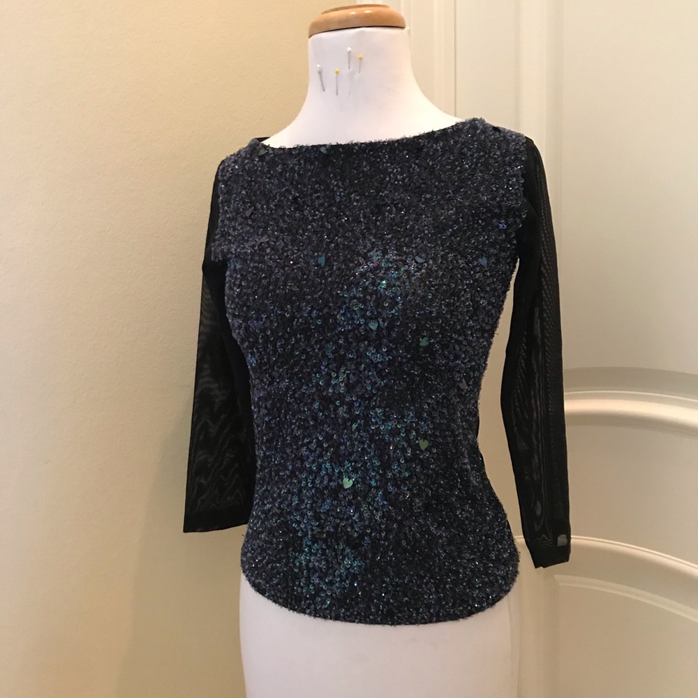 Votre Nom sequined stretchy mesh navy blue top
